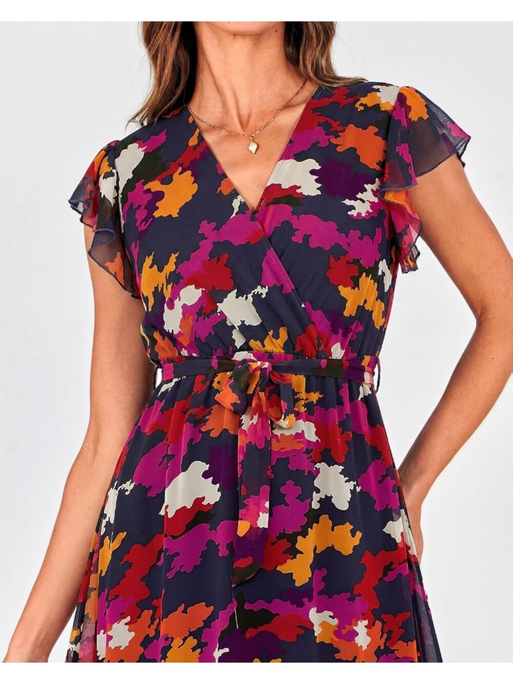 Women's Blue Orange Flower Classic V Neck Casual Sleeveless Pull On Midi Dress - Picture 4 of 5